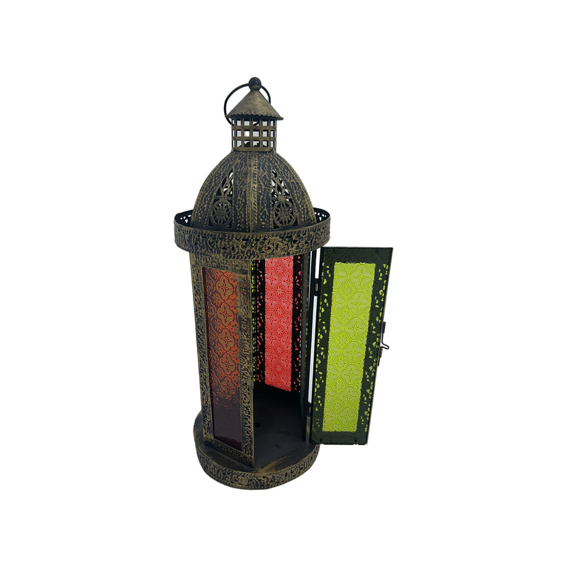 P-AL120-GD 55cm high gold Arabic lantern with coloured glass