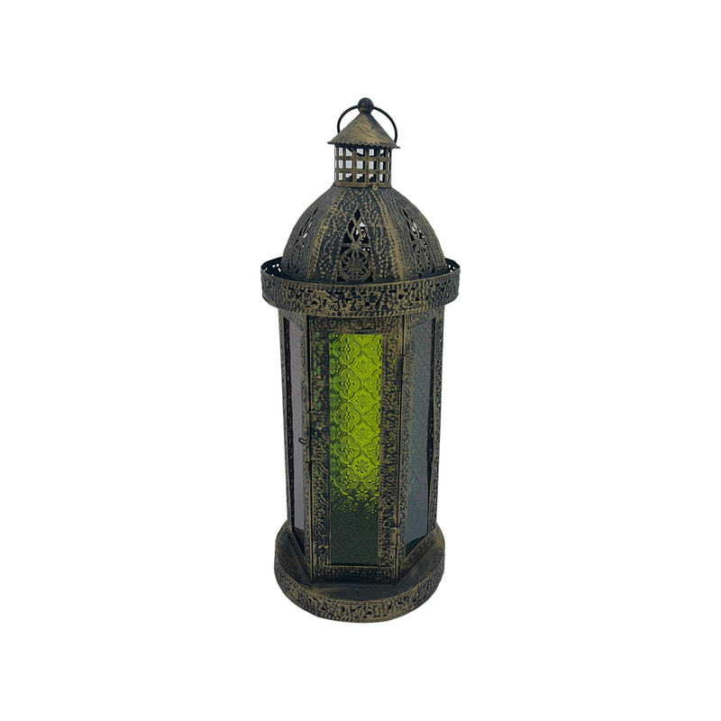 P-AL120-GD 55cm high gold Arabic lantern with coloured glass
