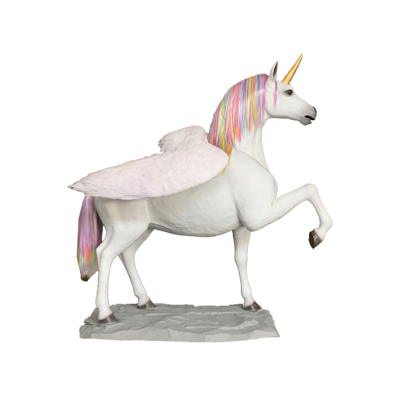 P-AM103-LI 250cm Life-size unicorn in white with feathered wings and rainbow hair 
