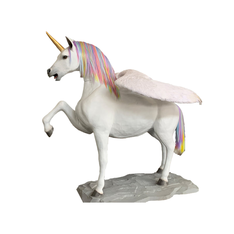 P-AM103-LI 250cm Life-size unicorn in white with feathered wings and rainbow hair 