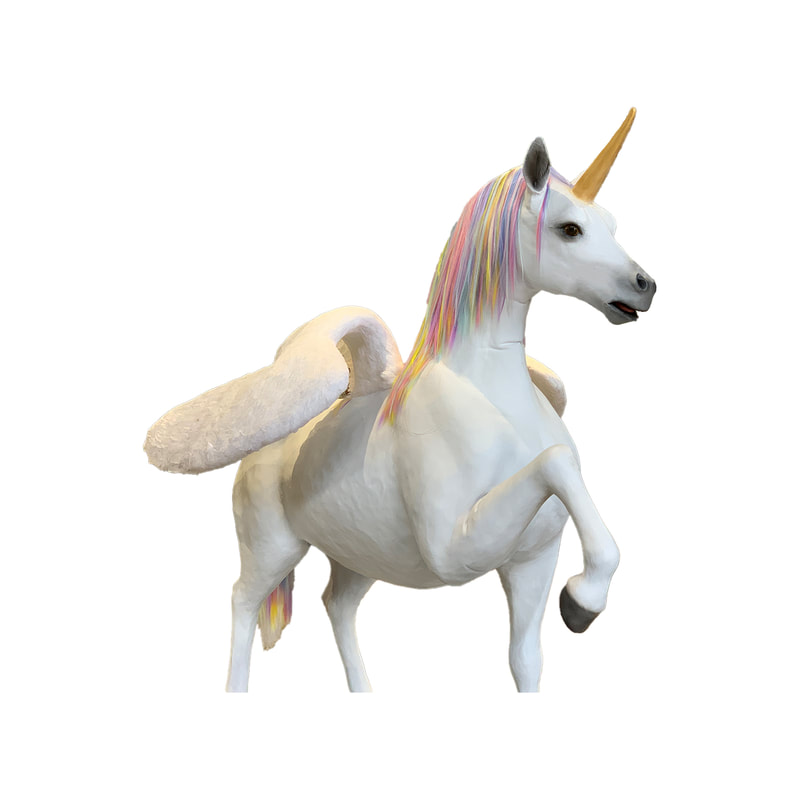 P-AM103-LI 250cm Life-size unicorn in white with feathered wings and rainbow hair 