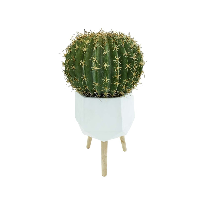 P-CA101-NL 45cm high 'nearly natural' golden ball cactus + P-PT140-WH 25cm dia Giverny white geometric plant pot on wooden legs