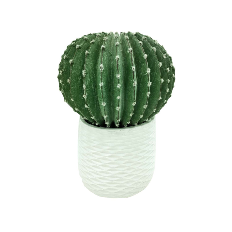 P-CA102-NT 45cm high 'nearly natural' domino ball cactus + P-PT135-WH 30cm dia Kirsten textured round white fiberglass plant pot