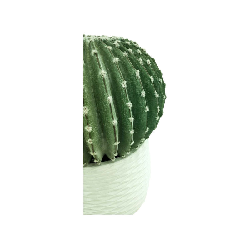 P-CA102-NT 45cm high 'nearly natural' domino ball cactus + P-PT135-WH 30cm dia Kirsten textured round white fiberglass plant pot