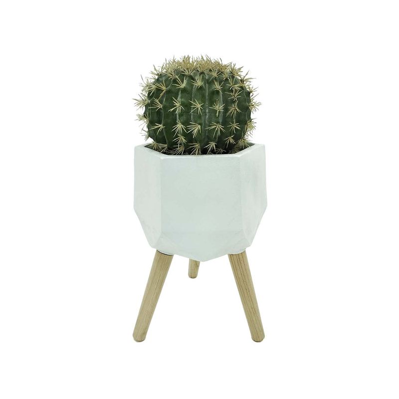 P-CA103-NT 25cm high 'nearly natural' ball cactus + P-PT140-WH 25cm dia Giverny white geometric plant pot on wooden legs