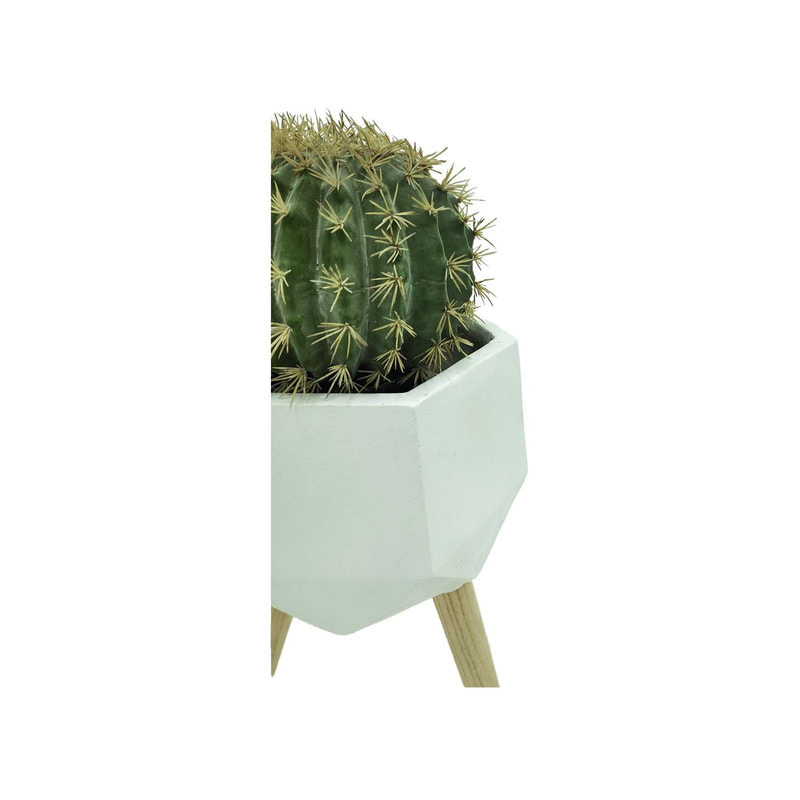 P-CA103-NT 25cm high 'nearly natural' ball cactus + P-PT140-WH 25cm dia Giverny white geometric plant pot on wooden legs