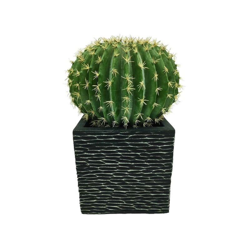 P-CA104-NT 45cm high 'nearly natural' ball cactus + P-PT157-BL Medellin textured square plant pot in black