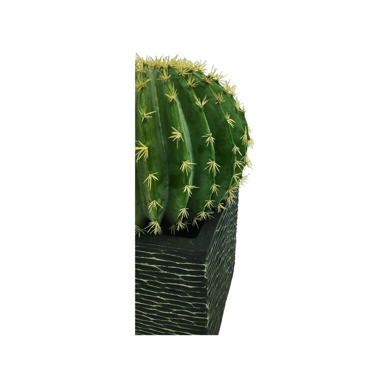 P-CA104-NT 45cm high 'nearly natural' ball cactus + P-PT157-BL Medellin textured square plant pot in black
