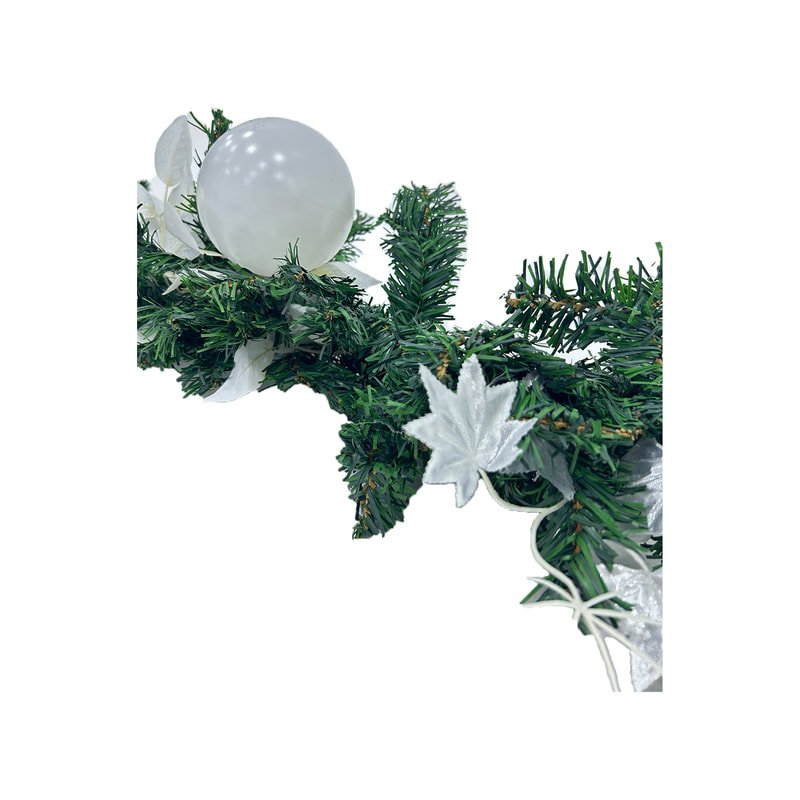 P-CM122-MC 270cm dressed garland with silver and white leaves and silver, white and gold baubles