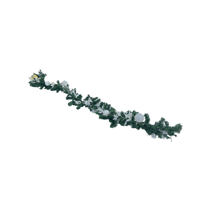 P-CM122-MC 270cm dressed garland with silver and white leaves and silver, white and gold baubles