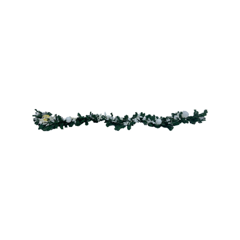 P-CM122-MC 270cm dressed garland with silver and white leaves and silver, white and gold baubles