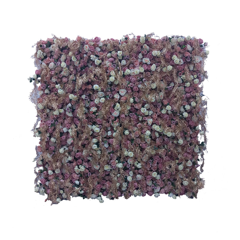  P-DP103-LP Flower wall with soft pink and white roses with long gold leaf details