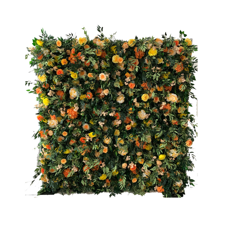 P-DP113-OR Flower wall  with shades of yellow and orange flowers with green foliage