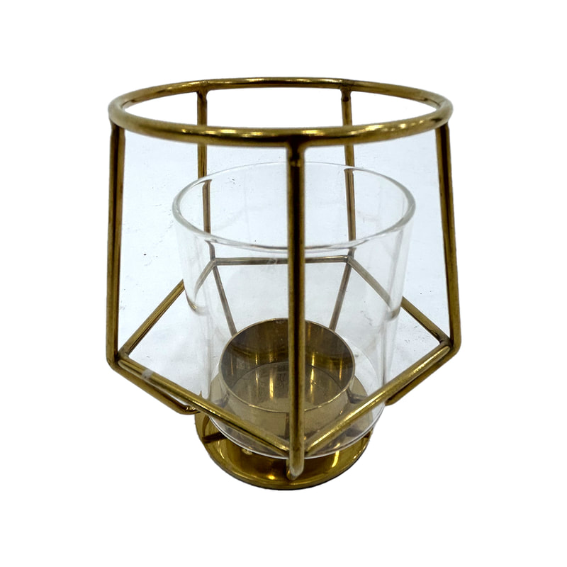 P-LC104-GD 10cm Ellie geometric tea light candle holder in gold frame with glass