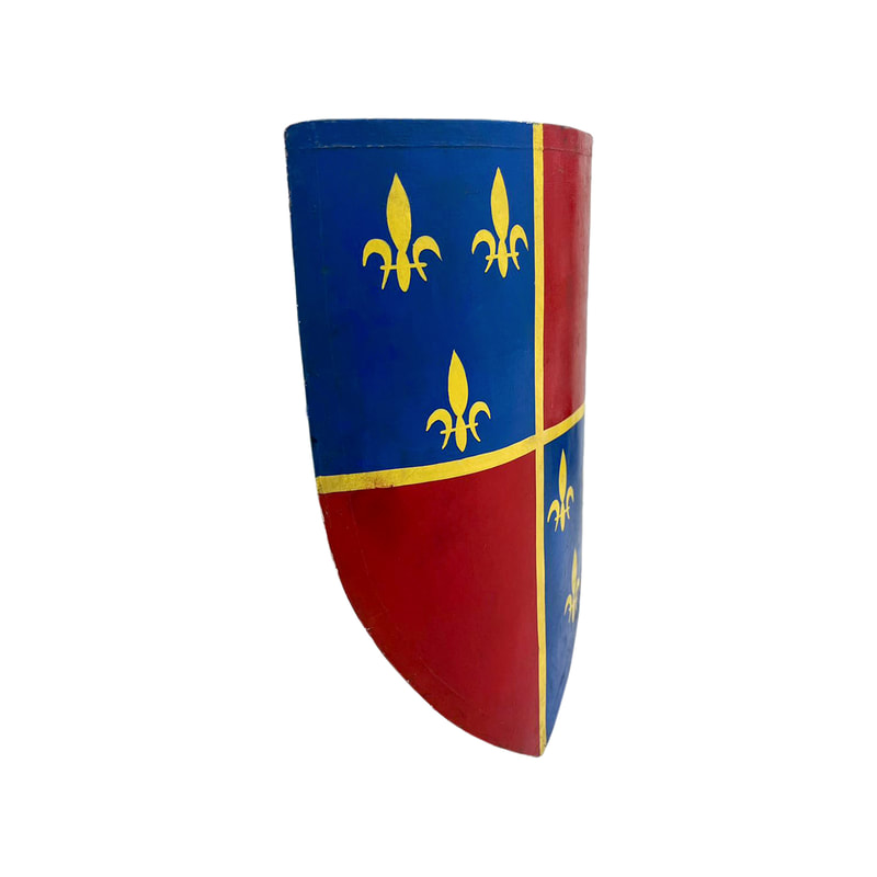 P-PH189-MC Type 2 medieval wooden shield in red and blue with yellow fleur-de-lys
