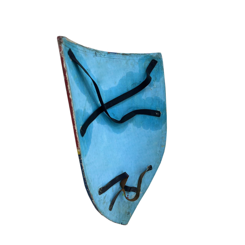 P-PH189-MC Type 2 medieval wooden shield in red and blue with yellow fleur-de-lys
