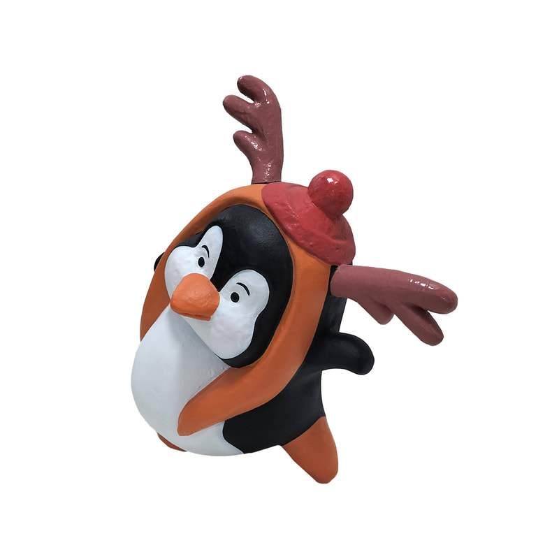 P-PH254-MC Type 14 penguin with antlers, orange scarf and red hat
