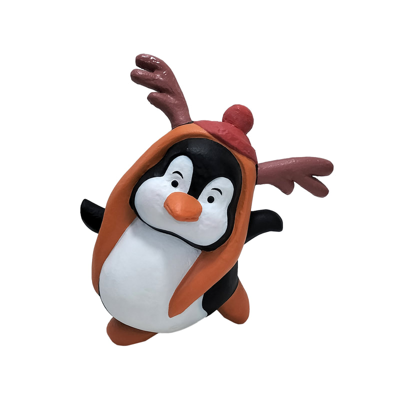 P-PH254-MC Type 14 penguin with antlers, orange scarf and red hat