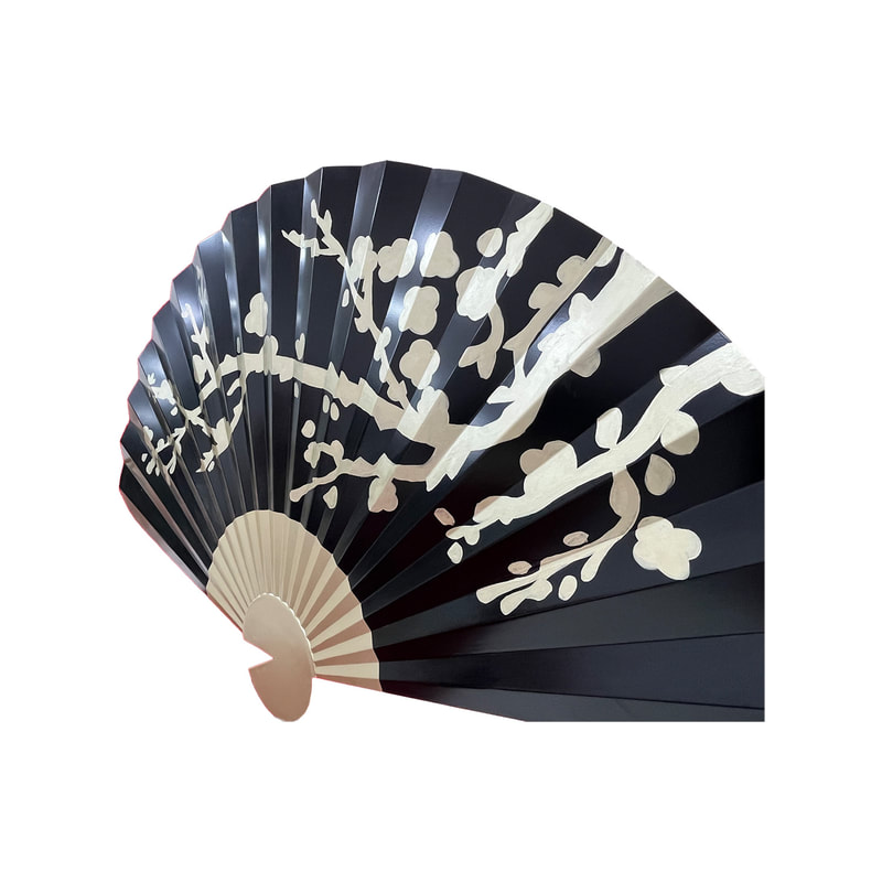 P-PH261-BL 200cm giant black fan with gold cherry blossom silhouette