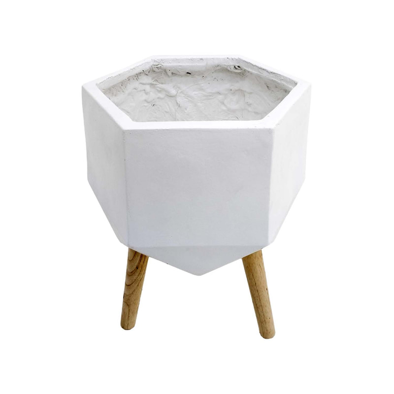 P-PT138-WH 40cm dia Giverny white geometric plant pot on wooden legs