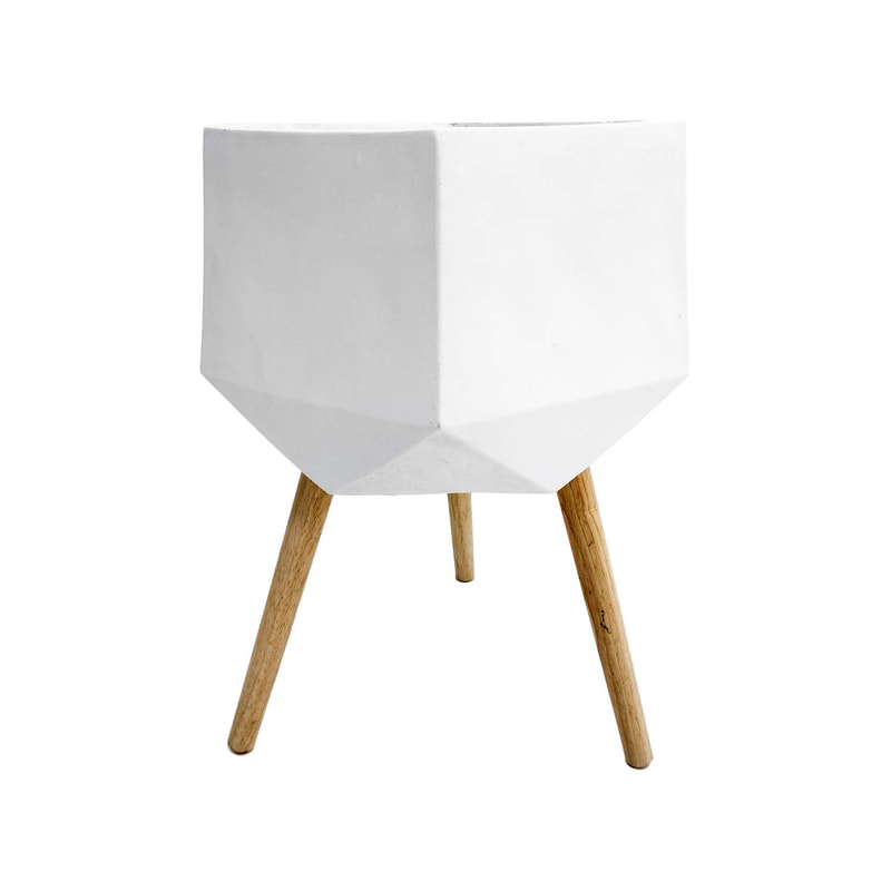 P-PT138-WH 40cm dia Giverny white geometric plant pot on wooden legs