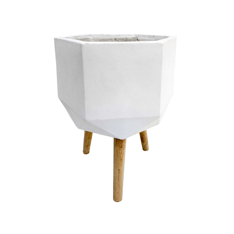 P-PT138-WH 40cm dia Giverny white geometric plant pot on wooden legs
