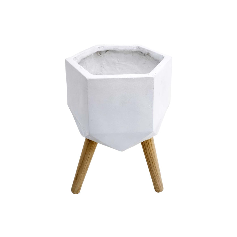 P-PT139-WH 33cm dia Giverny white geometric plant pot on wooden legs
