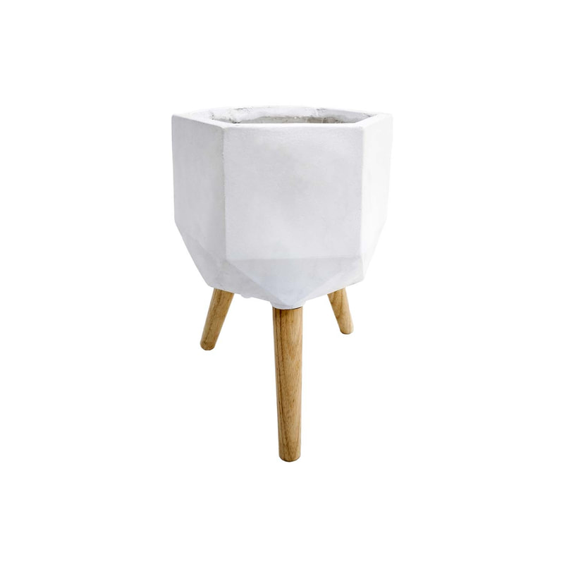 P-PT139-WH 33cm dia Giverny white geometric plant pot on wooden legs