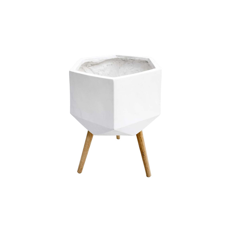 P-PT140-WH 25cm dia Giverny white geometric plant pot on wooden legs