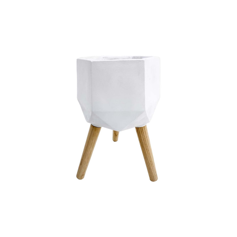 P-PT140-WH 25cm dia Giverny white geometric plant pot on wooden legs