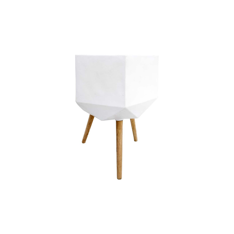 P-PT140-WH 25cm dia Giverny white geometric plant pot on wooden legs