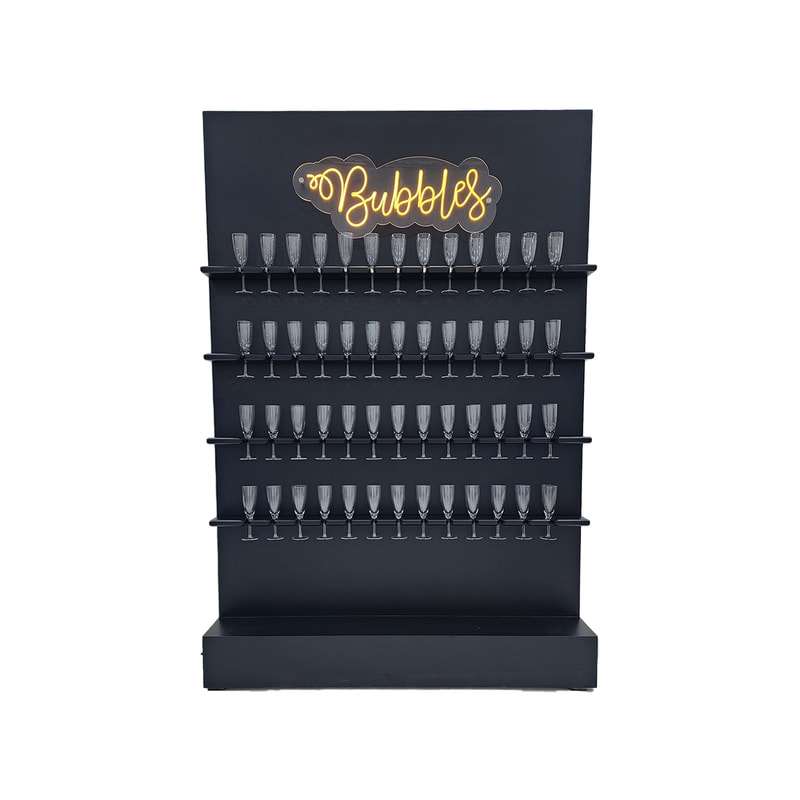 P-PV101-BL Bubbles beverage display wall in white, holds 52 glasses in black, with glossy finish and LED sign