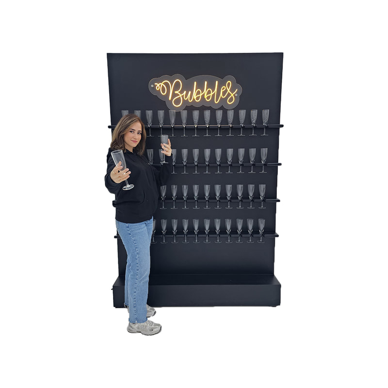 P-PV101-BL Bubbles beverage display wall in white, holds 52 glasses in black, with glossy finish and LED sign