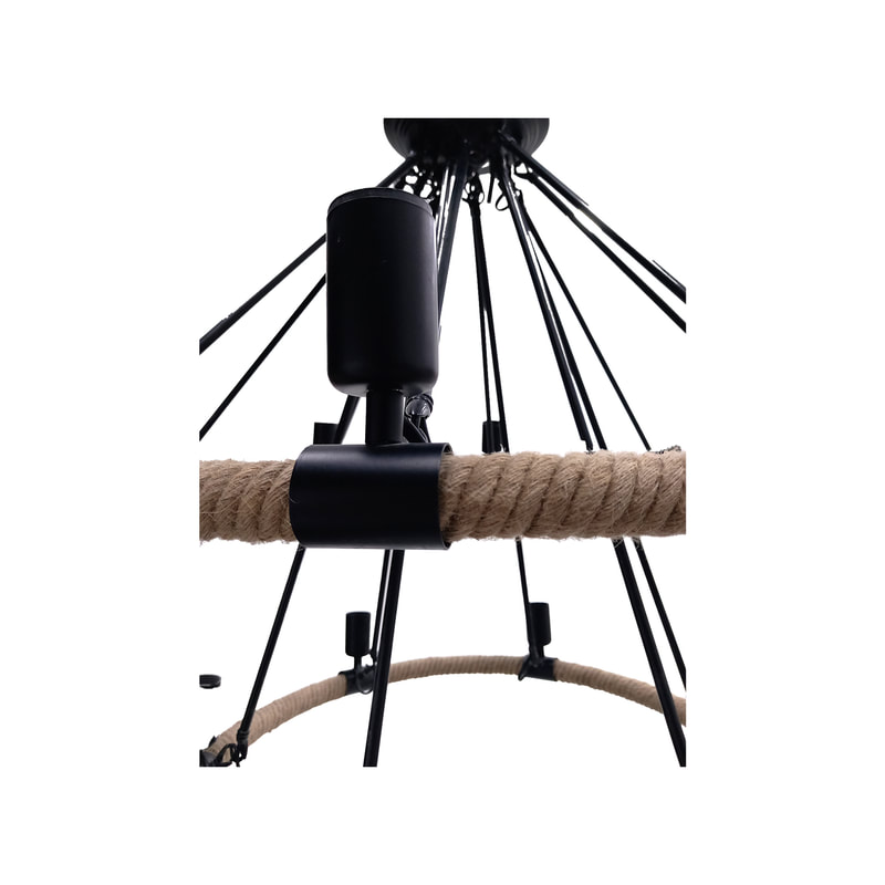 P-CL101-JT Hans chandelier with black metal frame, jute detail and geometric globe covers 