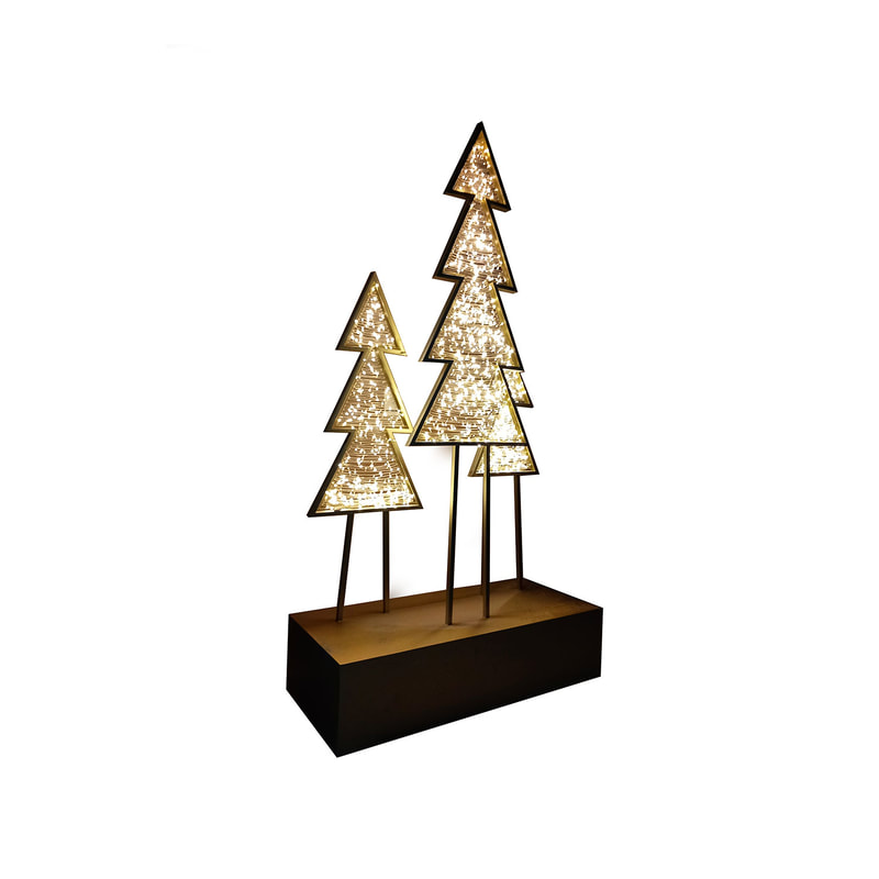 P-CM158-GD 240cm LED trio of pine trees in gold frame on box stand