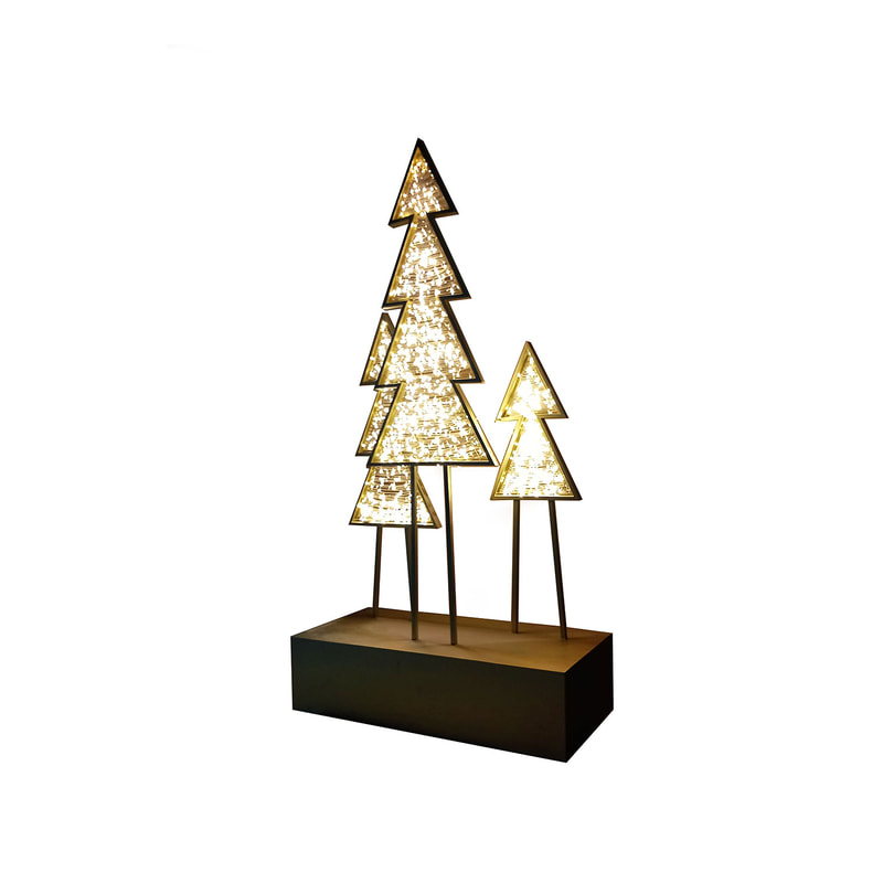 P-CM158-GD 240cm LED trio of pine trees in gold frame on box stand
