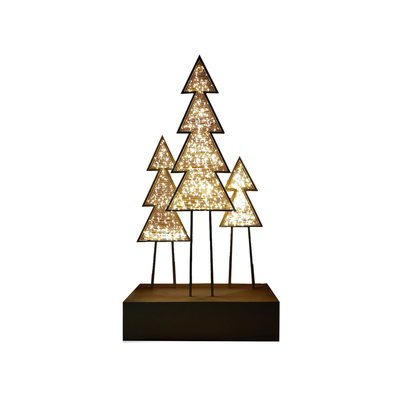 P-CM158-GD 240cm LED trio of pine trees in gold frame on box stand