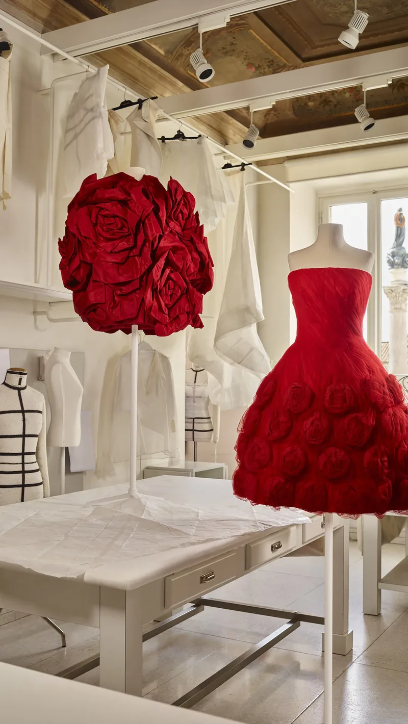 Red mannequin installation creating a monochromatic decorative fashion display around the sculptural centrepiece.