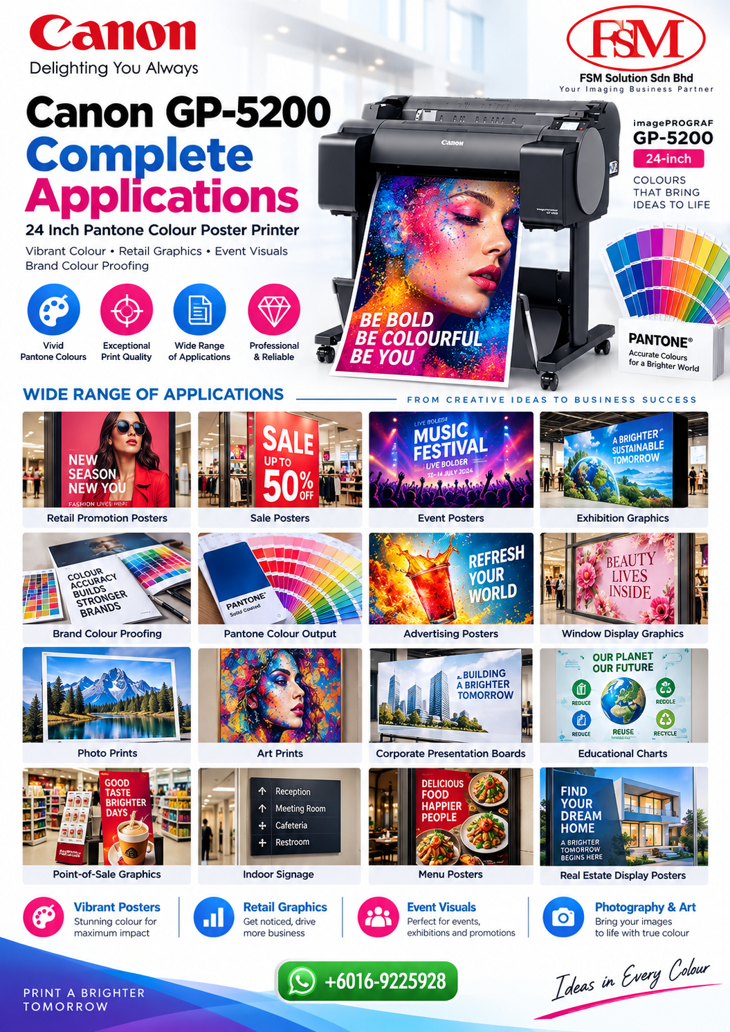 24 inch Pantone colour poster printer Canon imagePROGRAF GP-5200 in Petaling Jaya Kuala Lumpur by FSM Solution Sdn Bhd for vibrant posters retail advertising event graphics photography proofing and brand colour printing nationwide Malaysia