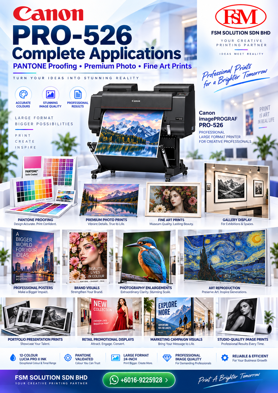 24 inch PANTONE proofing premium photo and poster printer Canon imagePROGRAF PRO-526 in Petaling Jaya Kuala Lumpur by FSM Solution Sdn Bhd for professional photo prints fine art prints posters colour proofing brand visuals design proofs and nationwide Malaysia delivery