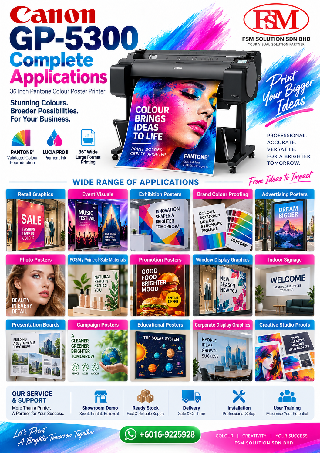 Pantone colour poster printer Canon imagePROGRAF GP-5300 36 inch in Petaling Jaya Kuala Lumpur by FSM Solution Sdn Bhd for vibrant posters retail graphics event visuals exhibition displays photo posters advertising artwork brand colour proofing and nationwide Malaysia delivery
