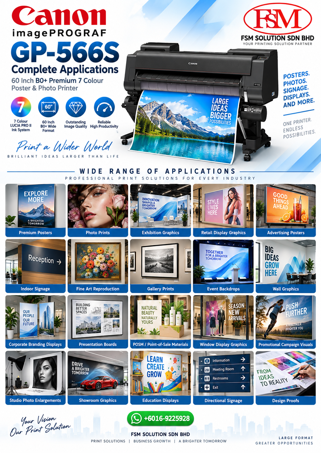 60 inch B0 plus premium 7 colour poster and photo printer Canon imagePROGRAF GP-566S in Petaling Jaya Kuala Lumpur by FSM Solution Sdn Bhd for exhibition graphics retail displays advertising posters photo prints fine art reproductions brand visuals and nationwide Malaysia delivery