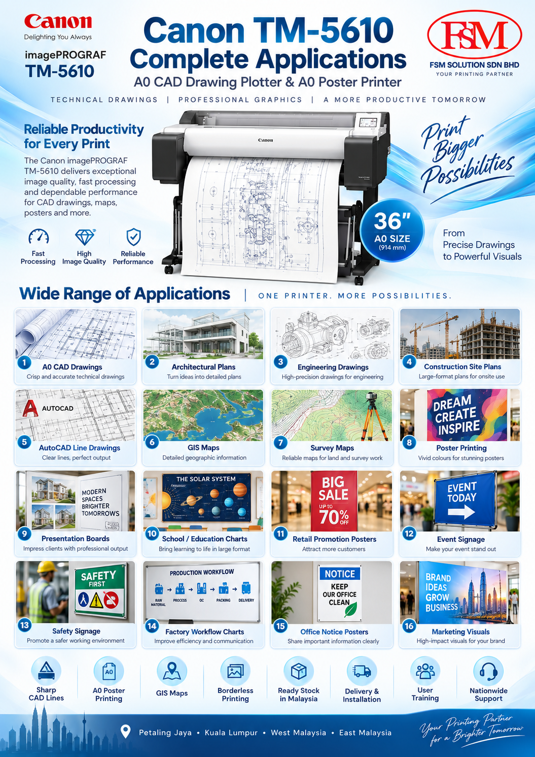 A0 CAD drawing plotter and A0 poster printer Canon imagePROGRAF TM-5610 in PJ KL by FSM Solution Sdn Bhd for AutoCAD plans, engineering drawings, GIS maps, posters and nationwide Malaysia delivery
