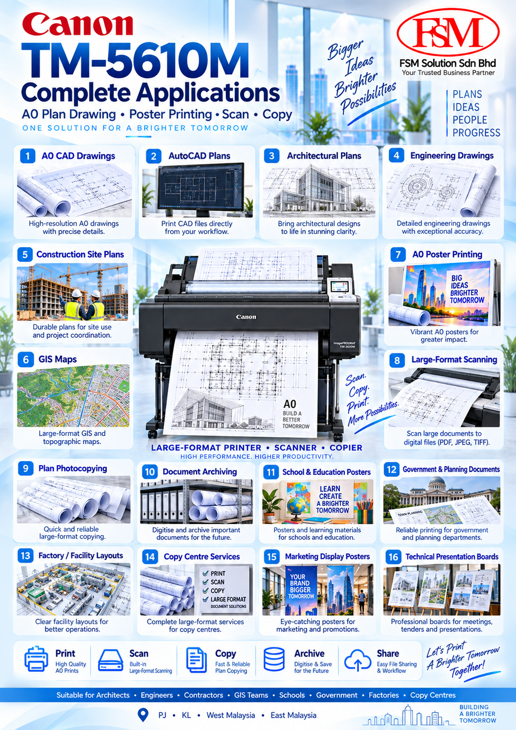 A0 plan drawing printer scanner photocopy machine Canon imagePROGRAF TM-5610M in Petaling Jaya Kuala Lumpur by FSM Solution Sdn Bhd for AutoCAD plans, CAD drawings, GIS maps, poster printing, scanning, copying and nationwide Malaysia delivery