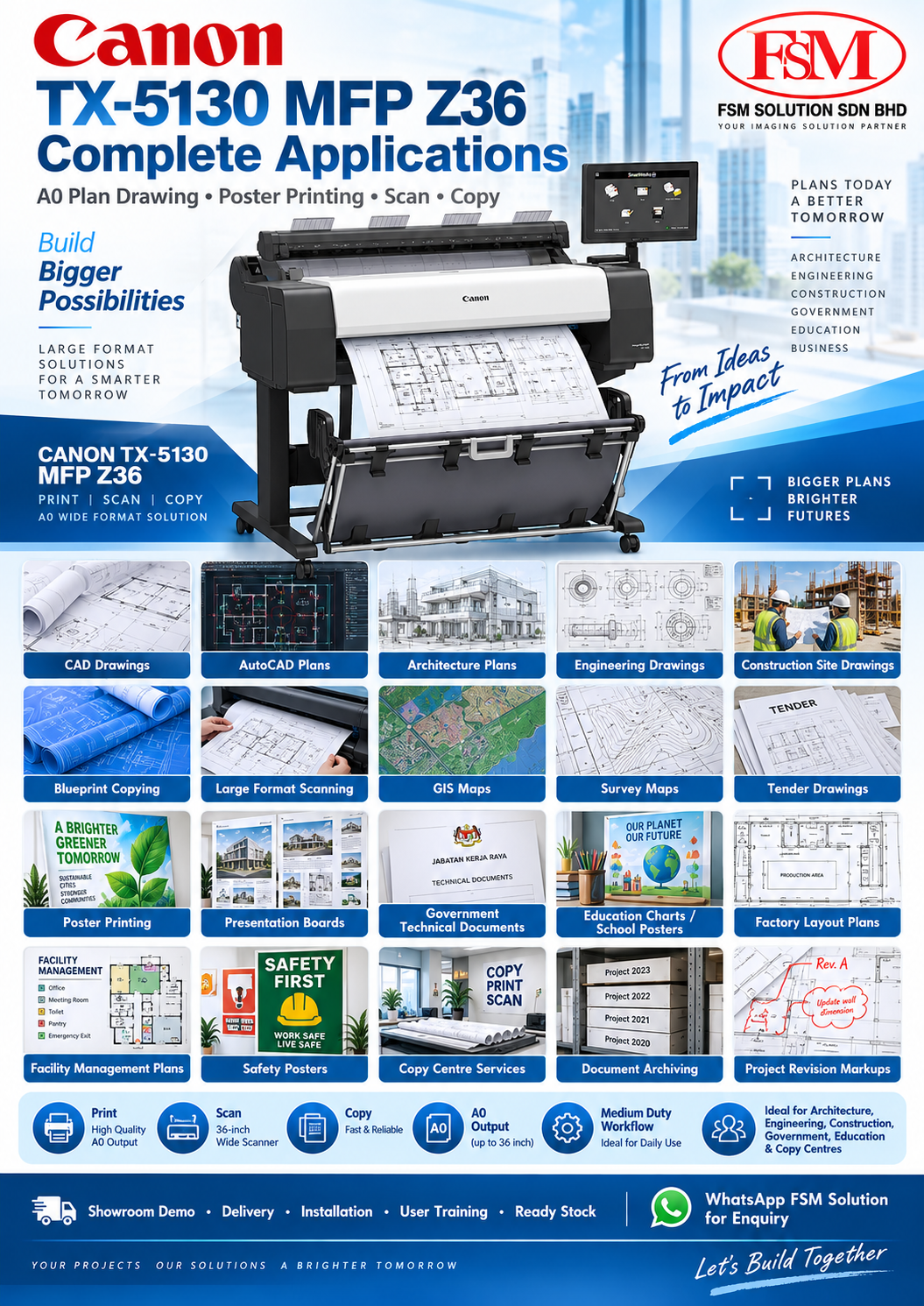 Medium duty A0 plan drawing printer scanner photocopy machine Canon imagePROGRAF TX-5130 MFP Z36 in Petaling Jaya Kuala Lumpur by FSM Solution Sdn Bhd for AutoCAD plans, CAD drawings, GIS maps, posters, scanning, copying and nationwide Malaysia delivery