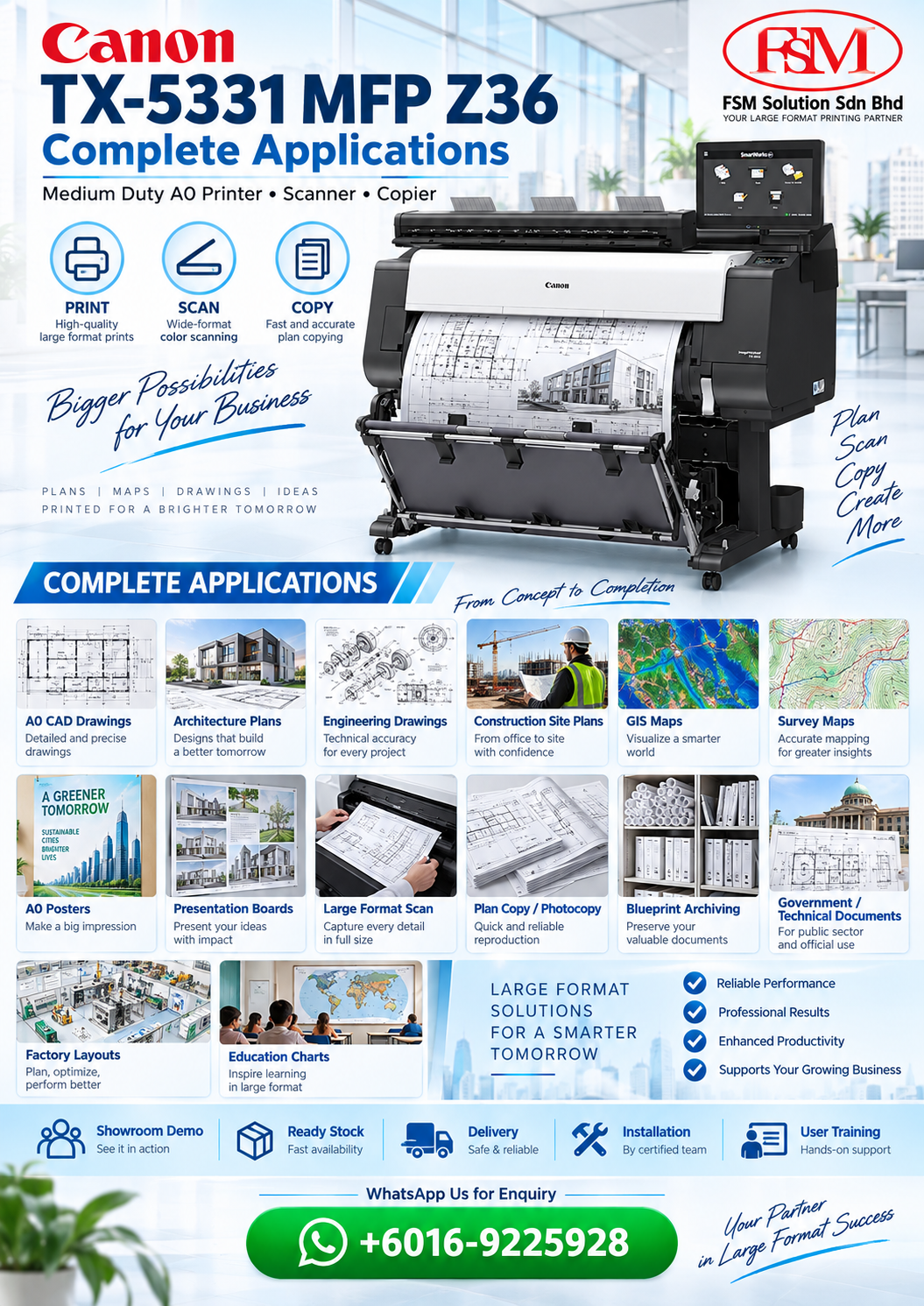 medium duty A0 plan drawing printer scanner photocopy machine multifunction colour printer Canon imagePROGRAF TX-5331 MFP Z36  in Petaling Jaya Kuala Lumpur by FSM Solution Sdn Bhd for AutoCAD plans CAD drawings GIS maps poster printing scanning copying and nationwide Malaysia delivery