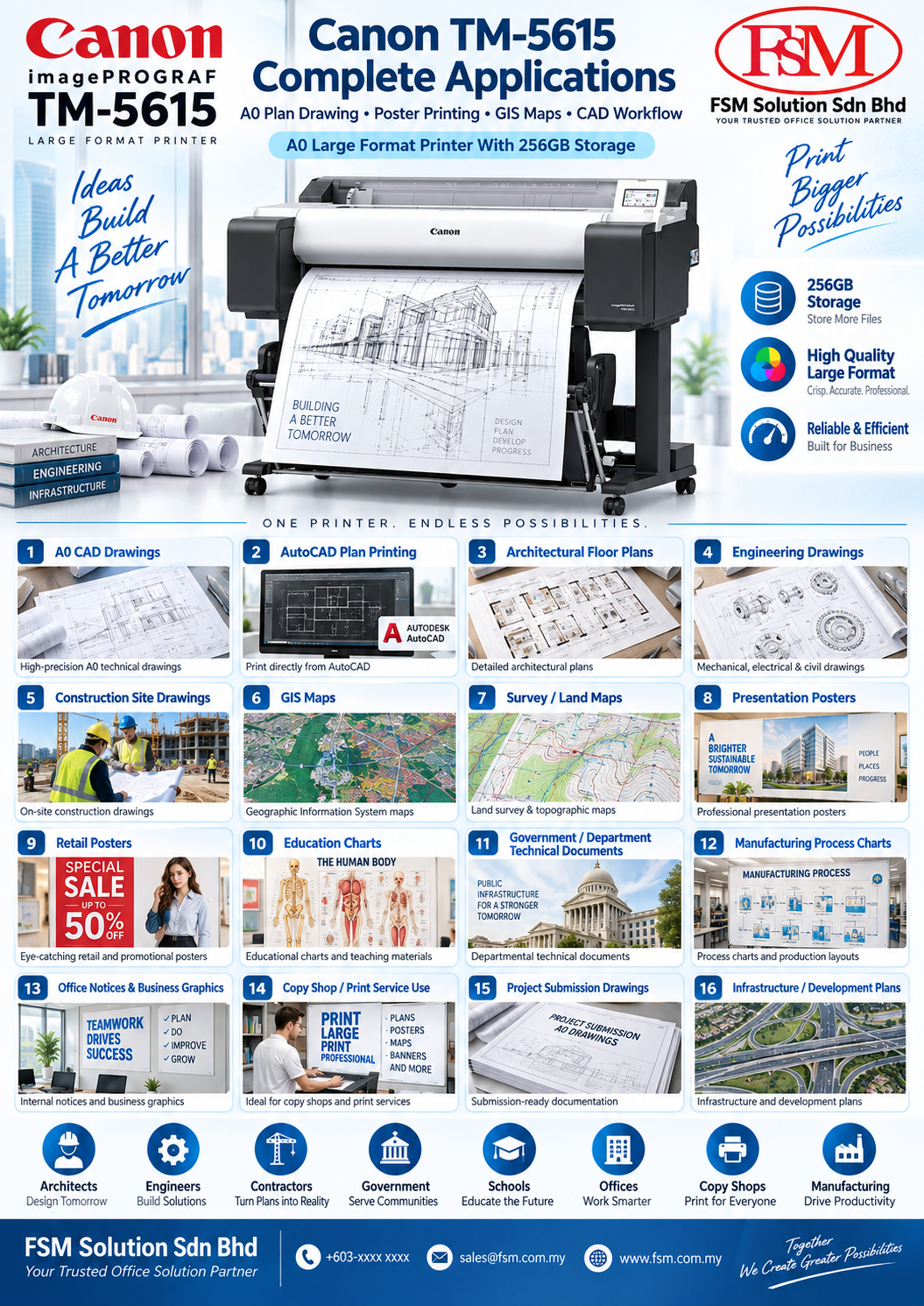 A0 plan drawing printer and A0 poster printer with 256GB storage hard disk CanonimagePROGRAF TM-5615 in Petaling Jaya Kuala Lumpur by FSM Solution Sdn Bhd for AutoCAD plans, CAD drawings, GIS maps, engineering drawings and poster printing nationwide Malaysia