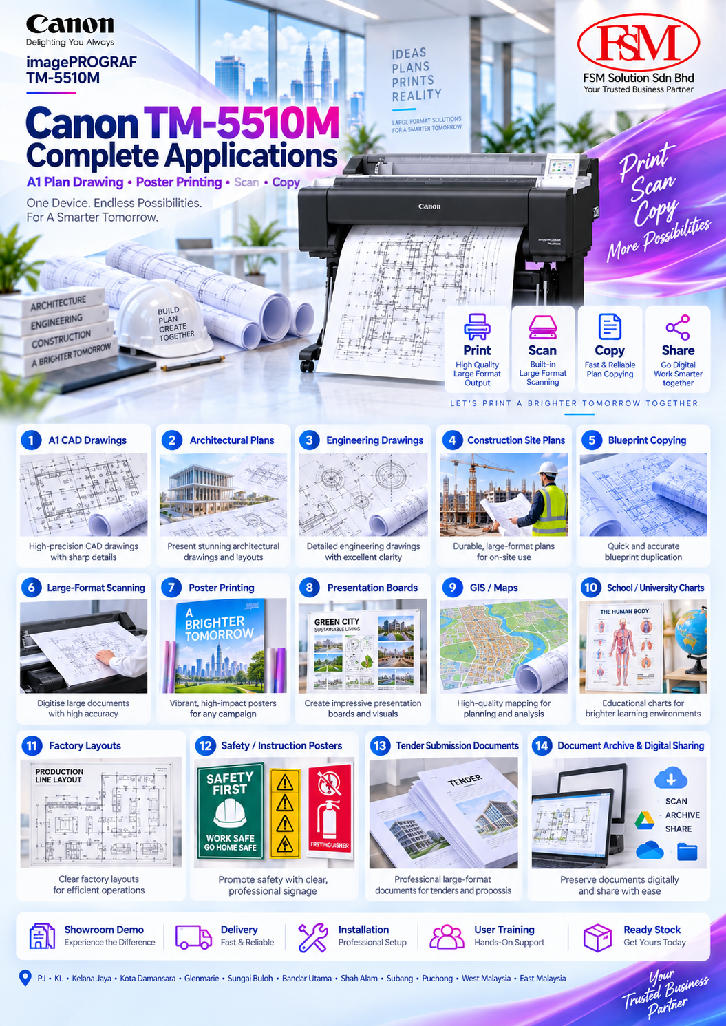 A1 plan drawing printer scanner photocopy machine Canon imagePROGRAF TM-5510M in Petaling Jaya Kuala Lumpur by FSM Solution Sdn Bhd for AutoCAD plans, CAD drawings, poster printing, scanning, copying and nationwide Malaysia delivery