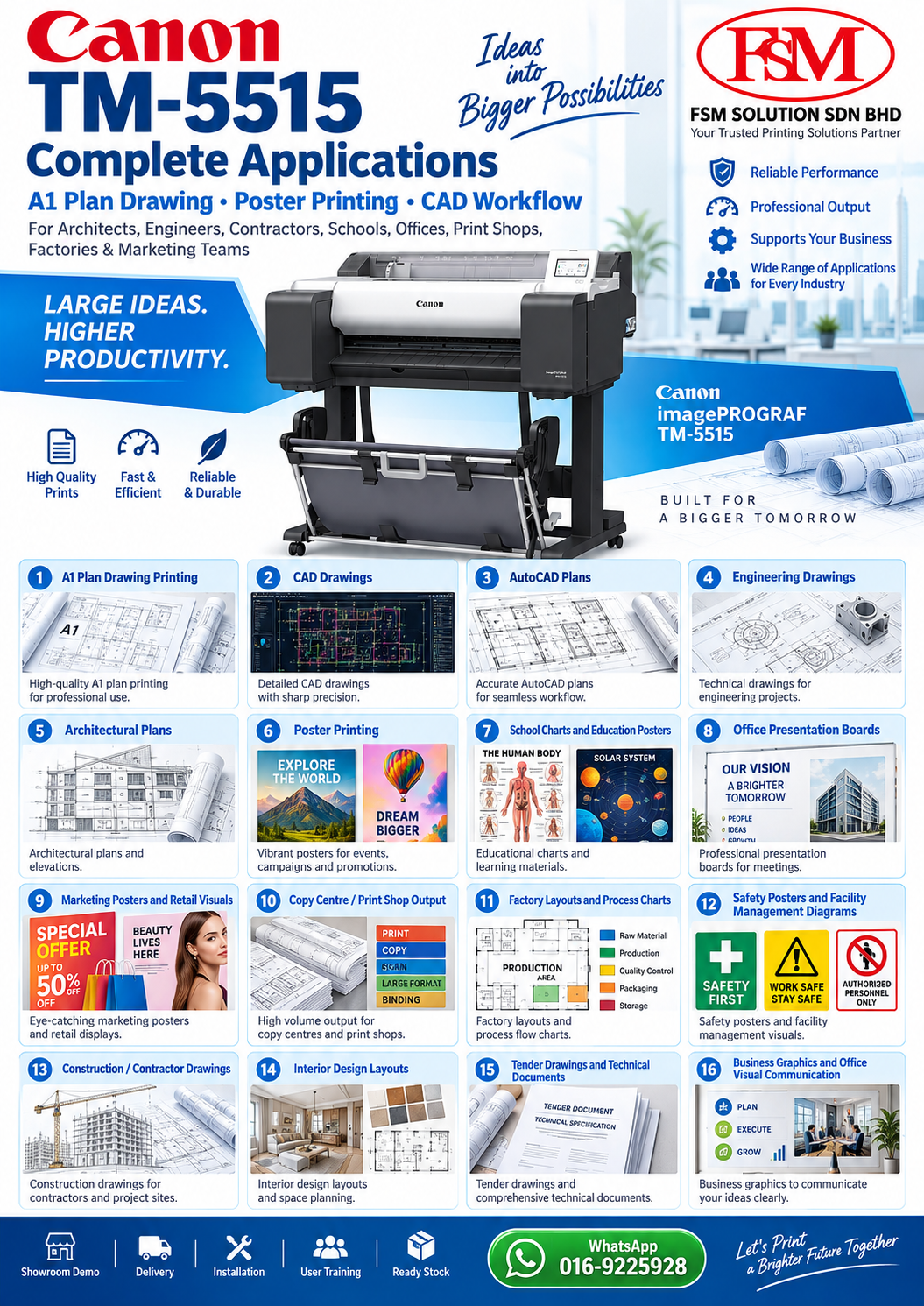 A1 plan drawing printer and A1 poster printer with 256GB storage hard disk Canon imagePROGRAF TM-5515 in Petaling Jaya Kuala Lumpur by FSM Solution Sdn Bhd for AutoCAD plans, CAD drawings, engineering drawings and poster printing nationwide Malaysia