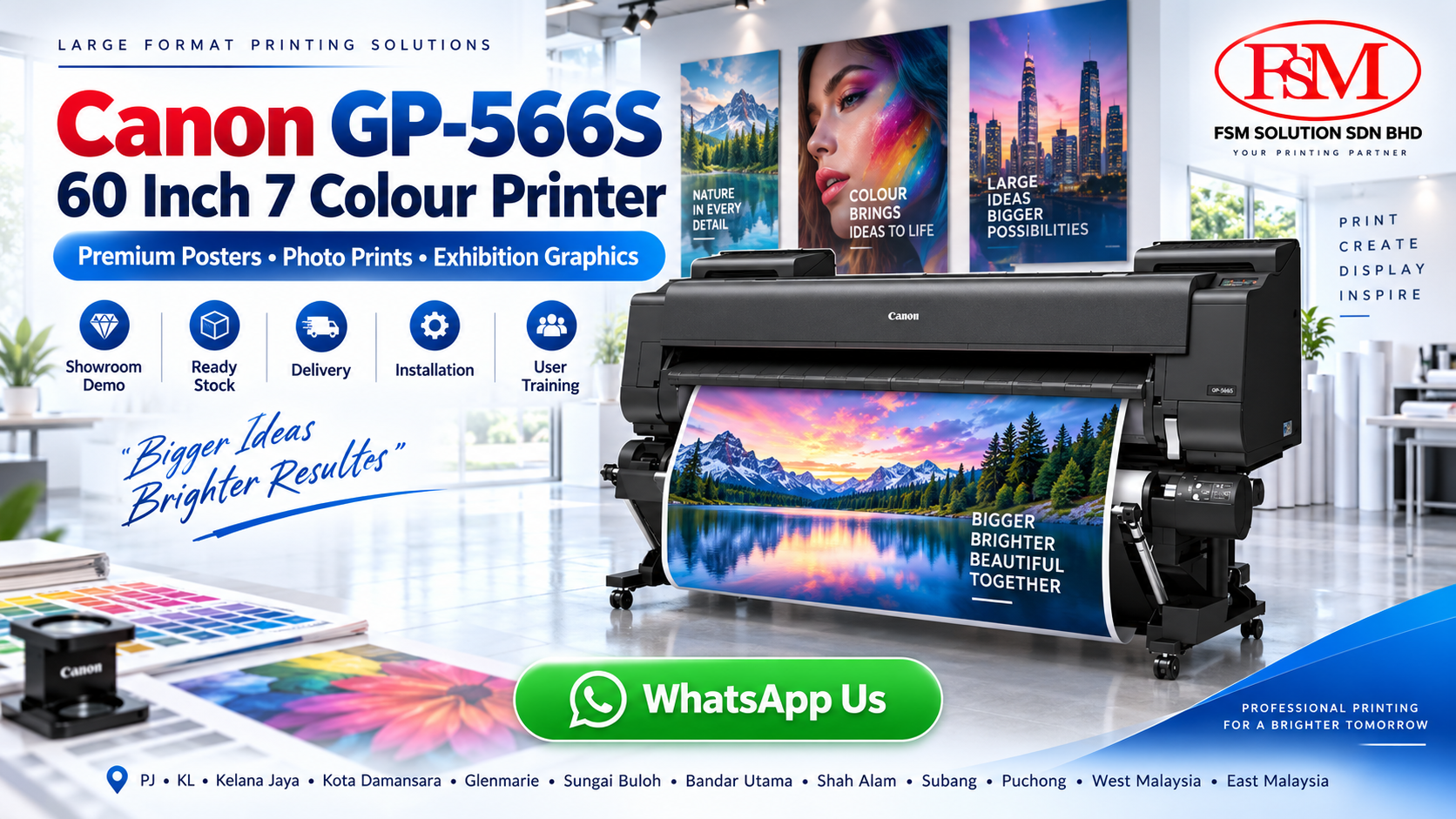 Canon imagePROGRAF GP-566S 60 inch B0 plus premium 7 colour poster and photo printer in Petaling Jaya Kuala Lumpur by FSM Solution Sdn Bhd for exhibition graphics retail displays advertising posters photo prints fine art reproductions brand visuals and nationwide Malaysia delivery